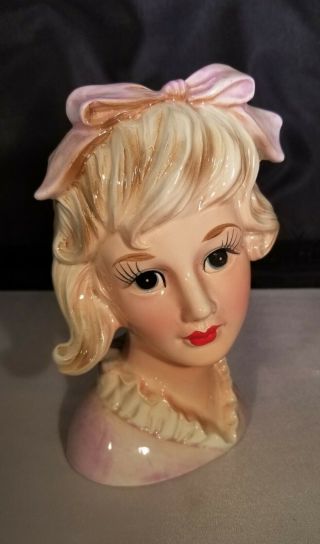 Caffco Japan Vintage Lady Head Vase Headvase Pink Bow,  E - 3293
