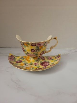 Vintage Fine China Tea Cup And Saucer Wall Pocket Yellow With Flowers