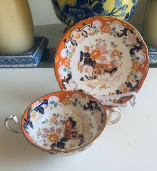 6 Royal Stafford Porcelain Old English Imari Cream Soup Bowls & Saucers