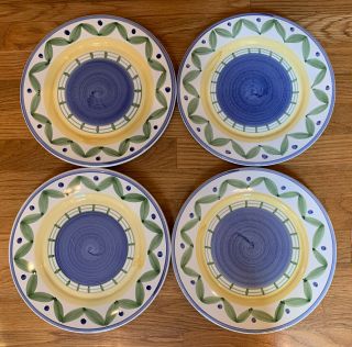 (4) Williams Sonoma Marisol Dinner Plates Yellow Blue Italy Hand Painted - Fast S2