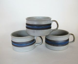 Stoneware Pottery 3 Soup Mugs - Horizon Otagiri Blue/brown Stripe/speckle Euc