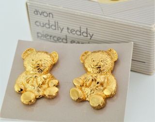 Vintage Avon (cuddly Teddy) Gold - Tone Pierced Earrings Nib
