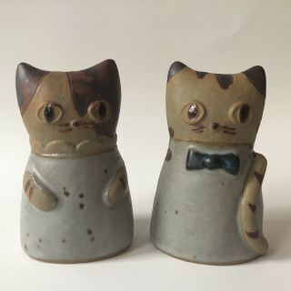 Pottery Cats Salt And Pepper Shakers Pair Uctci Japan Vintage Stoneware Bow Tie