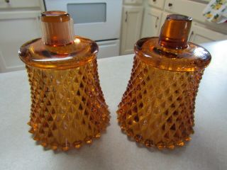 Vintage Mcm Pair Amber Diamond Point Glass Peg Votive Cups Candle Holders