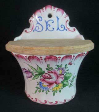 Vintage French Faience Hand Painted Ceramic Pottery Salt Box With Wood Lid