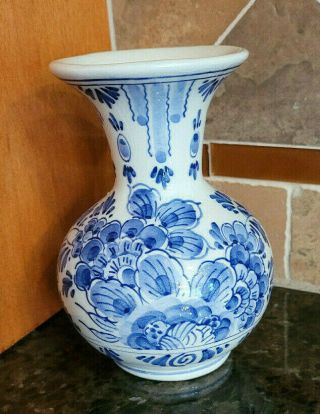Vintage Royal Delft Small Porcelain Vase Hand Painted Blue Floral With Papers