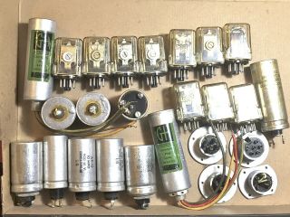 Vintage Variety Of Electric Capacitors And 12 And 24 Dc Volt Relays And More