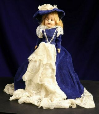 Vintage Hard Plastic Blond Doll With Blue Victorian Dress 10.  5 "