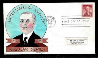 1040 7c Stamp (1956) - Woodrow Wilson (potus) - William Wright - Hand Painted Fdc