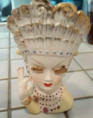 Vintage Exotic Lady Head Vase With Gold Crown 4 1/2” I.  Rice