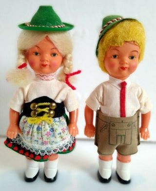 Vintage Swiss German Boy And Girl Miniature Dolls.  Plastic 7 " Tall.