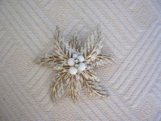 Vintage Large Gold Tone Floral Flower White Enamel/ Rhinestone Brooch Pin