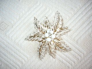 Vintage Large Gold Tone Floral Flower White Enamel/ Rhinestone Brooch Pin 2