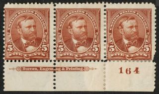 Us 255 Og H { Pl & Imprint Strip Of 3 } 5c Ulysses Grant 1894 Cv$ 375
