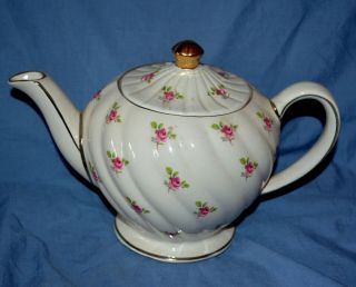 Vintage Sadler Teapot England Swirl Pattern Pink Roses Gold Trim 4 Cup