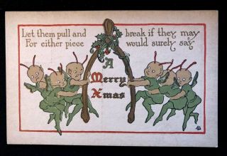 Christmas Arts & Crafts Elves With Wishbone Antique Postcard H820