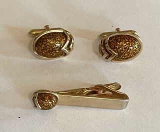 Vintage Swank Cufflinks & Tiebar,  Gold Tone With Confetti Plastic Settings