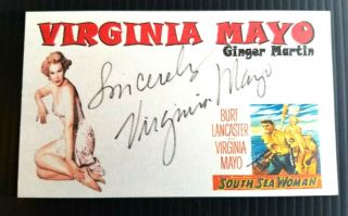 " South Sea Woman " Virginia Mayo " Ginger Martin " Autographed 3x5 Index Card