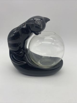 Vintage Royal Haeger Black Cat Pottery With Fish Bowl