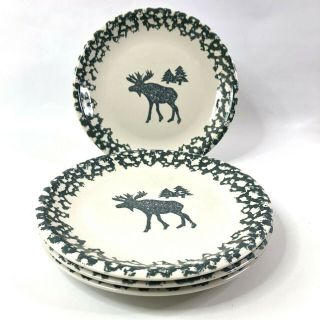 Folk Craft Moose Country Set Of 4 Dinner Plates Tienshan Pottery 10 1/2 Inches