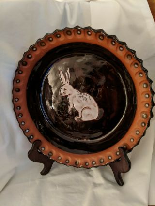 Vintage Loercher Pottery Handmade Pa,  Redware White Rabbit Pie Plate Signed