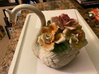 Vintage Capodimonte Large Porcelain Swan With Roses - Made In Italy