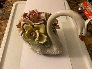 Vintage CAPODIMONTE Large Porcelain Swan With Roses - Made In Italy 2