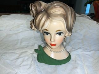 Vintage Napcoware C7293 Lady Head Vase Green Dress 5” Pearl Earrings & Necklace