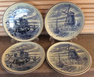 Boch :: Vintage Set/4 Blue Delfts 6 1/2” Plates Nautical Scenes Belgium