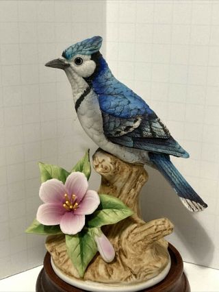 Vintage Porcelain Blue Jay Bird Figure Andrea By Sadek 9386 On Wood Base