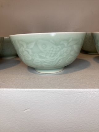 Set Of 6 Jade In Color Koi Fish Small Bowls Tea/soup/rice Vintage Stamped Glaze 2