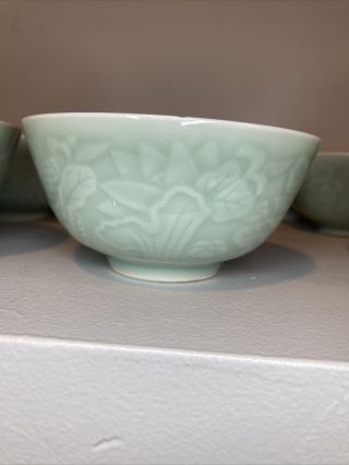 Set Of 6 Jade In Color Koi Fish Small Bowls Tea/soup/rice Vintage Stamped Glaze 3