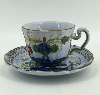 Vintage Faenza Amm Blue Carnation Italy Faience Coffee Tea Cup & Saucer Set