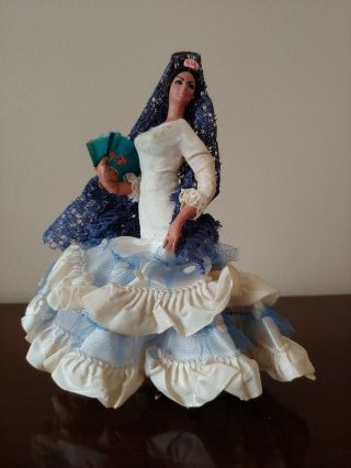 Vtg Marin Chiclana Spanish Flamenco Dancer White Blue Fan Doll 7 " Espana Spain