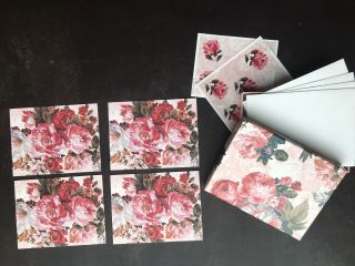 Boxed Set Of 4 Vintage Hallmark Pink Floral Rose Blank Note Cards W/ Stickers
