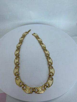 Vintage Signed Monet Gold Tone And White Enamel Necklace