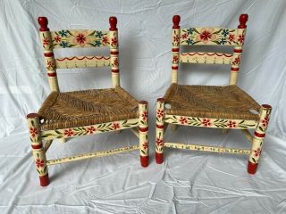 Matched Vintage Mexican Folk Art Child/doll Chairs,  Rush Seat