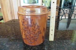 Vintage Wooden Jar Etched Floral Hand Made Cookie Jar With Lid Trinket Storage