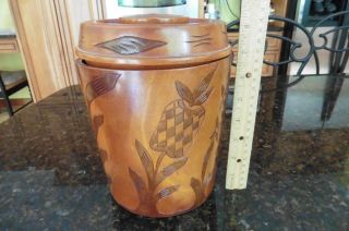 Vintage wooden jar etched floral hand made cookie jar with lid trinket storage 3
