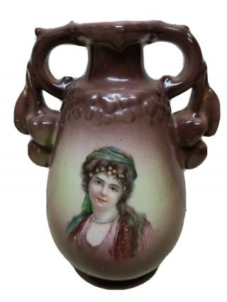 Antique Austrian Urn Vase.  Brown.  Pictorial.  13.  6 1/2 ".  Early 1900 