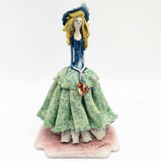 Vtg Signed 6 " Zampiva Lady Figurine Blonde Spaghetti Hair Ruffled Dress Hat