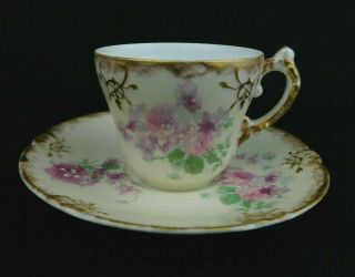 Vintage A & D Limoges France Demitasse Tea Cup And Saucer W Pink Flowers & Gold