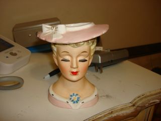 1950’s Napco Head Vase A5120; Blonde Lady Wearing Pink Dress And Hat
