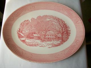 Royal China Currier And Ives Pink Red Oval Platter 13 "