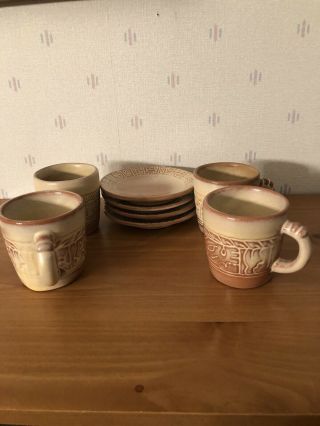 Vintage Frankoma Pottery 4Tea/Cups And 4 Saucers 7C & 7E Aztec 2