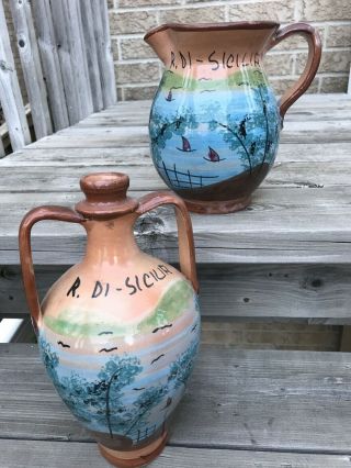 Sicilian Pottety Set Of 2 Pitchers Handmade And Hand Painted With Glaze