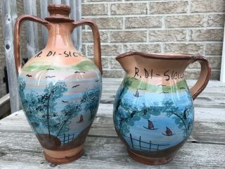 Sicilian Pottety Set Of 2 Pitchers Handmade And Hand Painted With Glaze 2