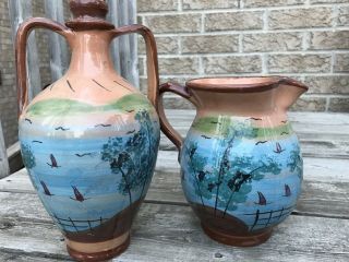 Sicilian Pottety Set Of 2 Pitchers Handmade And Hand Painted With Glaze 3