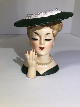 Vintage 1958 Lady Head Vase Napco C3343c Green Dress & Hat.