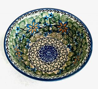 Polish Pottery Ceramika Artystyczna Unikat 6 " Bowl,  Blue - Green - Tan - Black